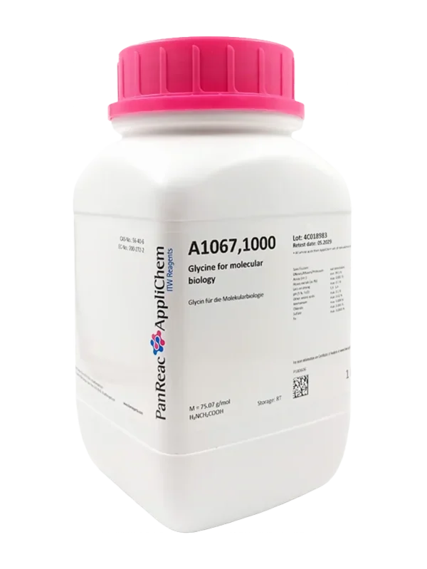 Glicina para Biología Molecular Nº CAS 56-40-6 . En envase plástico de 1 kg. CODIGO DE COMPRA: APPLA1067.1000