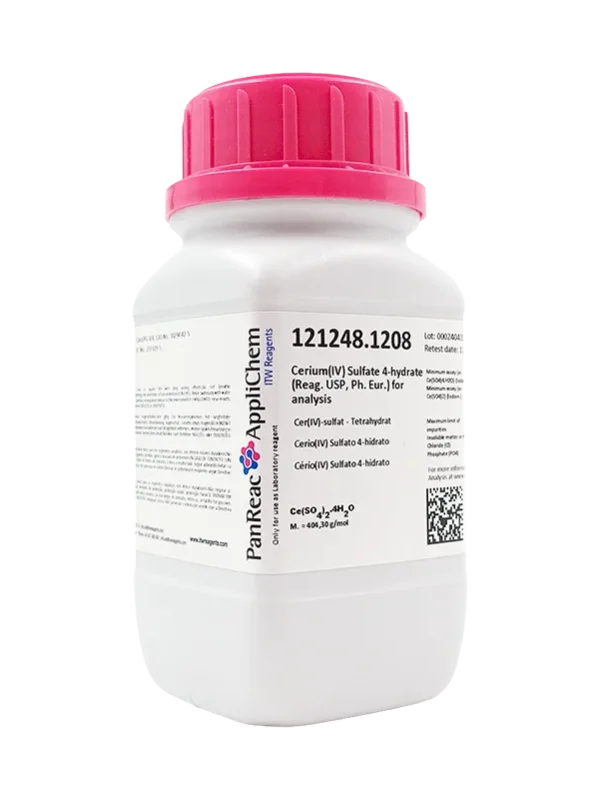 Cerio(IV) Sulfato 4-hidrato (Reag. USP, Ph. Eur.) para análisis. CAS 10294-42-5 Envase plástico de 100 gr. CODIGO DE COMPRA: PANR121248.1208