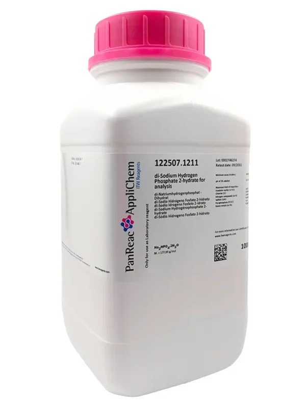 di-Sodio Hidrógeno Fosfato 2-hidrato para análisis. CAS 10028-24-7 . Envase plástico de 1 Kg. CODIGO DE COMPRA: PANR122507.1211