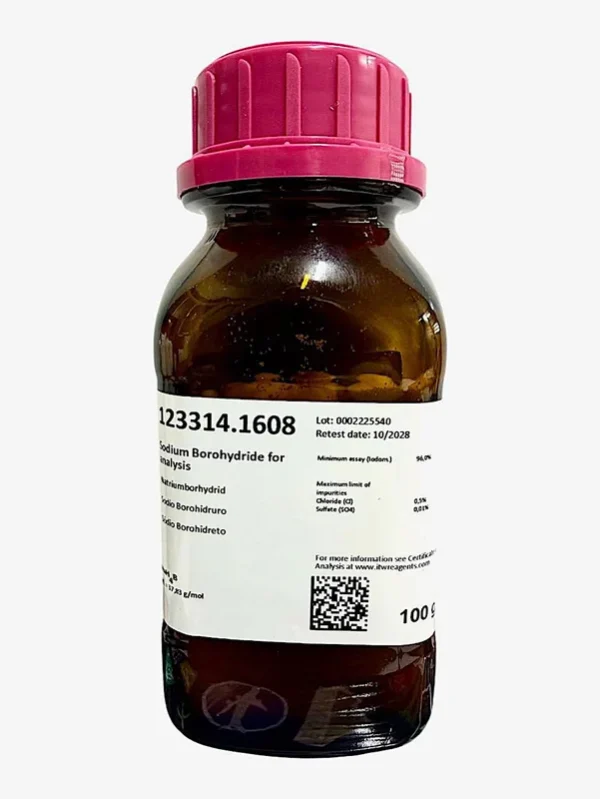 Sodio Borohidruro para análisis. CAS 16940-66-2 . Frasco de vidrio ámbar de 100 g. CODIGO DE COMPRA: PANR123314.1608