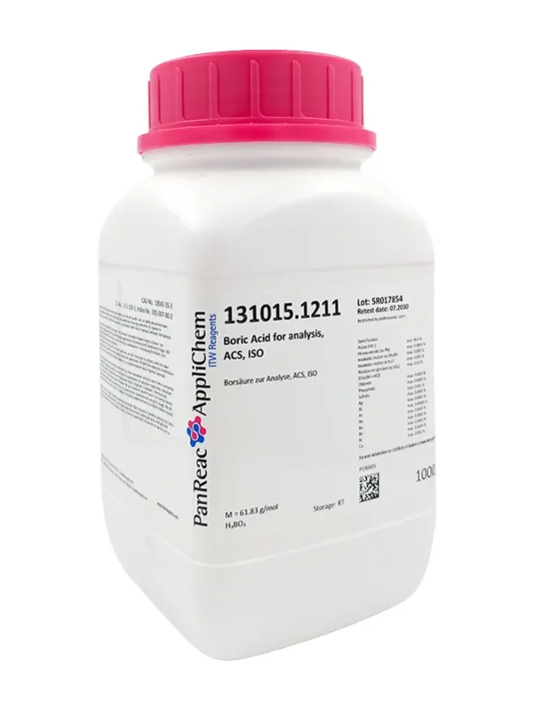Ácido Bórico para análisis, ACS, ISO.  CAS 10043-35-3 . Envase de 1 Kg. CODIGO DE COMPRA: PANR131015.1211