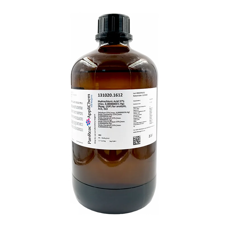 Ácido Clorhídrico 37% (máx. 0,0000005% Hg) (Reag. USP) para análisis, ACS, ISO. Envase de vidrio ámbar de 2,5 Lt. CAS 7647-01-0 . CODIGO DE COMPRA: PANR131020.1612