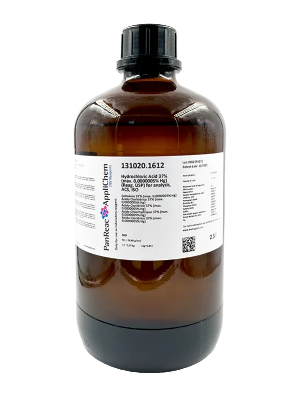 Ácido Clorhídrico 37% (máx. 0,0000005% Hg) (Reag. USP) para análisis, ACS, ISO. Envase de vidrio ámbar de 2,5 Lt. CAS 7647-01-0 . CODIGO DE COMPRA: PANR131020.1612