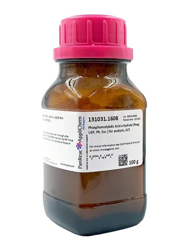 Ácido Fosfomolíbdico x-hidrato (Reag. USP, Ph. Eur.) para análisis, ACS. CAS 51429-74-4. Frasco vidrio ámbar de 100 gr. CODIGO DE COMPRA: PANR131031.1608