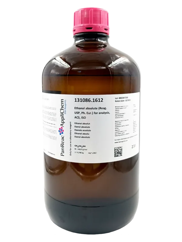 Etanol absoluto (Reag. USP, Ph. Eur.) para análisis, ACS, ISO.  CAS 64-17-5 . Botella de vidrio ámbar de 2,5 Lt. CODIGO DE COMPRA: PANR131086.1612