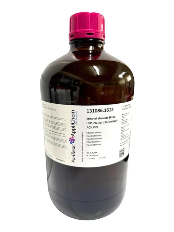 Etanol absoluto (Reag. USP, Ph. Eur.) para análisis, ACS, ISO. CAS 64-17-5 . Botella de vidrio ámbar de 2,5 Lt. CODIGO DE COMPRA: PANR131086.1612