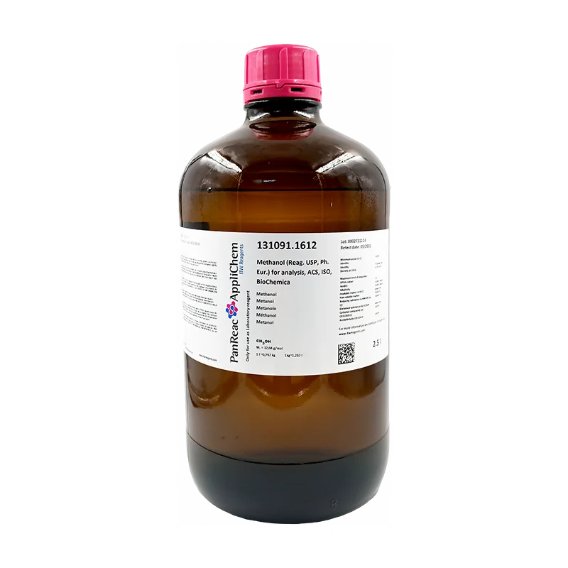 Metanol (Reag. USP, Ph. Eur.) para análisis, ACS, ISO, BioChemica. CAS 67-56-1 . Botella de vidrio ámbar de 2,5 L. CODIGO DE COMPRA: PANR131091.1612