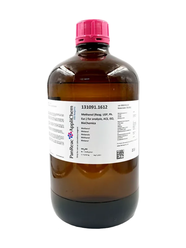Metanol (Reag. USP, Ph. Eur.) para análisis, ACS, ISO, BioChemica. CAS 67-56-1 . Botella de vidrio ámbar de 2,5 L. CODIGO DE COMPRA: PANR131091.1612