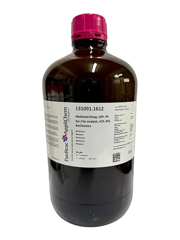 Metanol (Reag. USP, Ph. Eur.) para análisis, ACS, ISO, BioChemica. CAS 67-56-1 . Botella de vidrio ámbar de 2,5 L. CODIGO DE COMPRA: PANR131091.1612