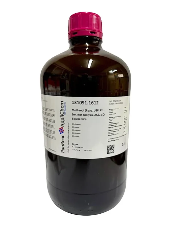 Metanol (Reag. USP, Ph. Eur.) para análisis, ACS, ISO, BioChemica. CAS 67-56-1 . Botella de vidrio ámbar de 2,5 L. CODIGO DE COMPRA: PANR131091.1612