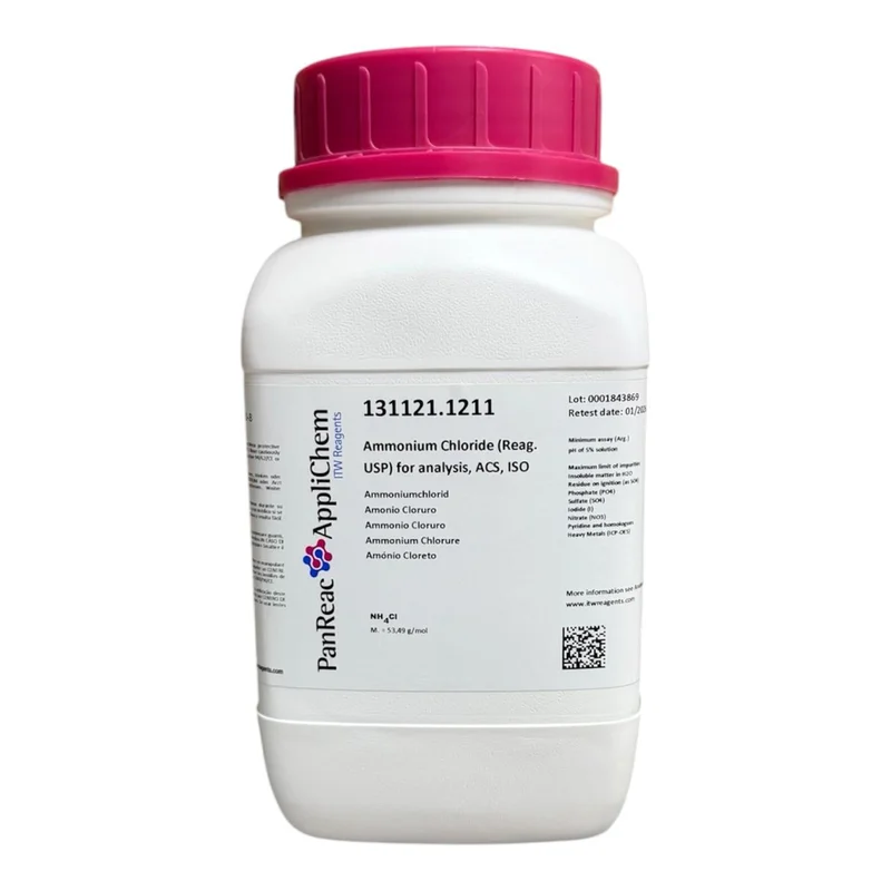 Amonio Cloruro (Reag. USP) para análisis, ACS, ISO. CAS 12125-02-9 . Envase plástico de 1 Kg. CODIGO DE COMPRA: PANR131121.1211