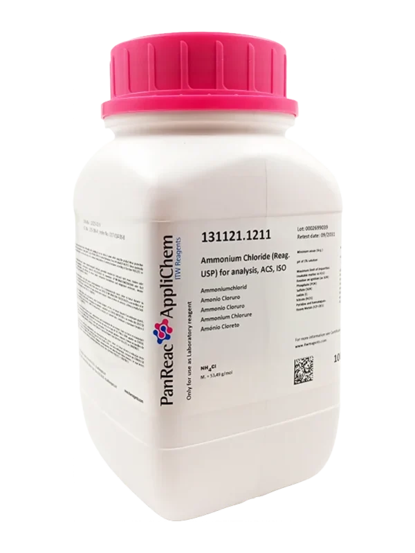 Amonio Cloruro (Reag. USP) para análisis, ACS, ISO. CAS 12125-02-9 . Envase plástico de 1 Kg. CODIGO DE COMPRA: PANR131121.1211