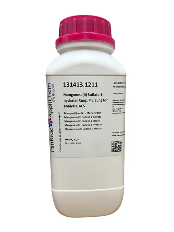 Manganeso(II) Sulfato 1-hidrato (Reag. Ph. Eur.) para análisis, ACS. Envase de plástico de 1 Kg. CAS[10034-96-5]. CODIGO DE COMPRA: PANR131413.1211