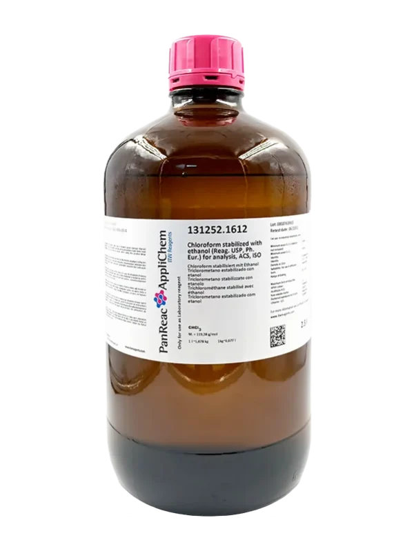 Cloroformo estabilizado con etanol (Reag. USP, Ph. Eur.) para análisis, ACS, ISO. CAS 67-66-3 . Botella de vidrio ámbar de 2,5 L. CODIGO DE COMPRA: PANR131252.1612