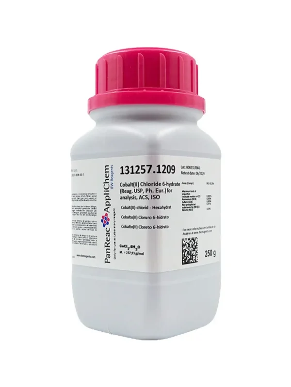 Cobalto(II) Cloruro 6-hidrato (Reag. USP, Ph. Eur.) PA, ACS, ISO. CAS 7791-13-1. Envase de 250 g. CODIGO DE COMPRA: PANR131257.1209