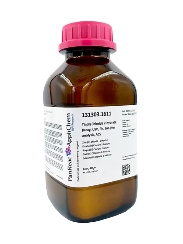 Estaño(II) Cloruro 2-hidrato (Reag. USP, Ph. Eur.) para análisis, ACS. Envase vidrio ámbar de 1 Kg. CAS 10025-69-1. CODIGO DE COMPRA: PANR131303.1611