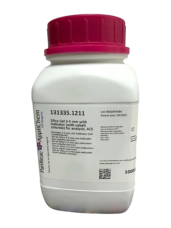Gel de Sílice 3-5 mm con indicador (con cobalto cloruro) para análisis, ACS. CAS 112926-00-8 . Envase plástico de 1 Kg. CODIGO DE COMPRA: PANR131335.1211