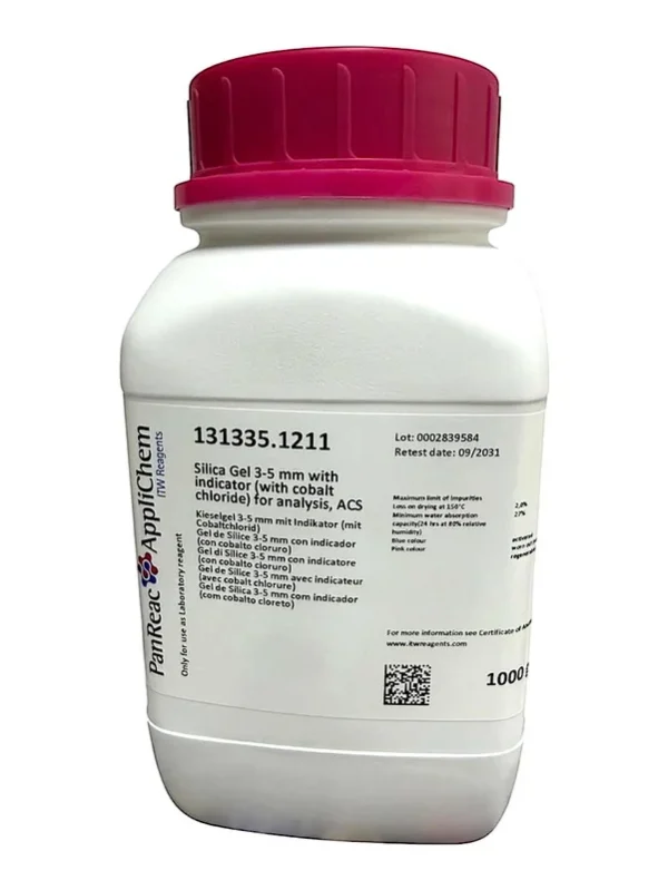 Gel de Sílice 3-5 mm con indicador (con cobalto cloruro) para análisis, ACS. CAS 112926-00-8 . Envase plástico de 1 Kg. CODIGO DE COMPRA: PANR131335.1211