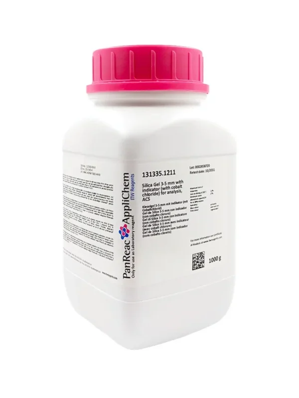Gel de Sílice 3-5 mm con indicador (con cobalto cloruro) para análisis, ACS. CAS 112926-00-8. Envase de 1 Kg. CODIGO DE COMPRA: PANR131335.1211