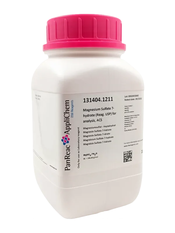 Magnesio Sulfato 7-hidrato (Reag. USP) para análisis, ACS. CAS 10034-99-8 . Envase de 1 Kg. CODIGO DE COMPRA : PANR131404.1211