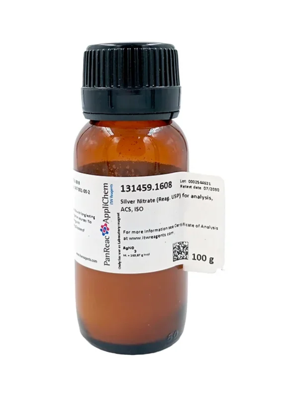 Plata Nitrato (Reag. USP) para análisis, ACS, ISO. CAS 7761-88-8. Envase vidrio ámbar de 100 gr. CODIGO DE COMPRA: PANR131459.1608