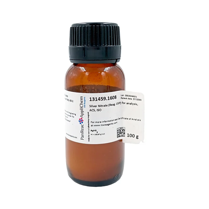 Plata Nitrato (Reag. USP) para análisis, ACS, ISO. CAS 7761-88-8. Envase vidrio ámbar de 100 gr. CODIGO DE COMPRA: PANR131459.1608