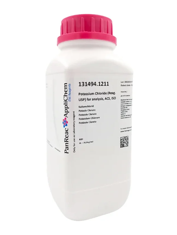 Potasio Cloruro (Reag. USP) para análisis, ACS, ISO. Envase plástico de 1 Kg. CAS 7447-40-7 . CODIGO DE COMPRA: PANR131494.1211
