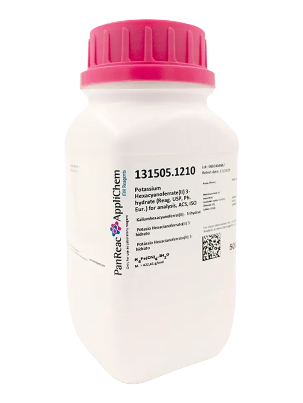 Potasio Hexacianoferrato(II) 3-hidrato (Reag. USP, Ph. Eur.) PA, ACS, ISO.  CAS 14459-95-1 . Envase de plástico de 500 g. CODIGO DE COMPRA: PANR131505.1210