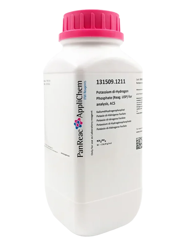 Potasio di-Hidrógeno Fosfato (Reag. USP) para análisis, ACS. CAS 7778-77-0 . Envase de 1 Kg. CODIGO DE COMPRA: PANR131509.1211