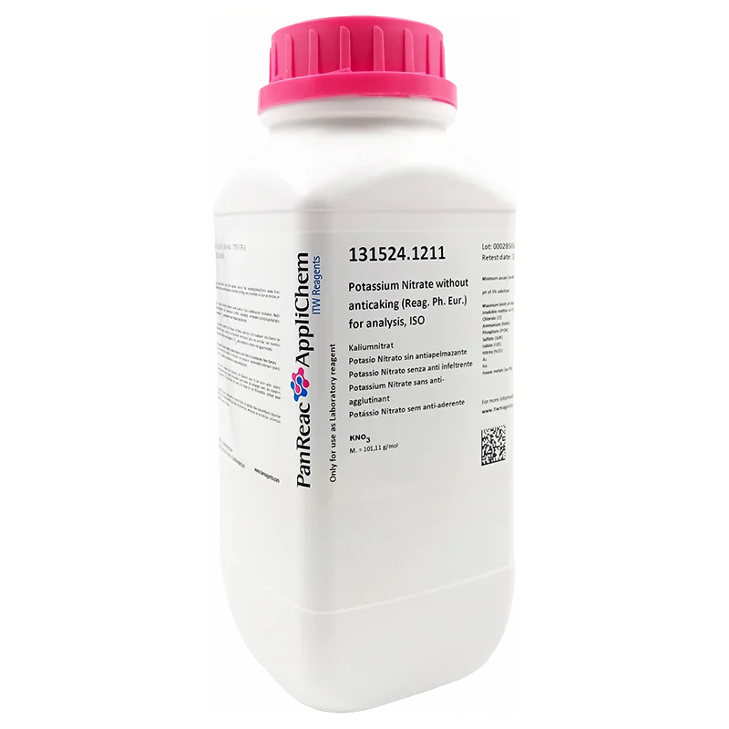 Potasio Nitrato sin antiapelmazante (Reag. Ph. Eur.) para análisis, ISO. CAS 7757-79-1 . Envase plástico de 1 Kg. CODIGO DE COMPRA: PANR131524.1211