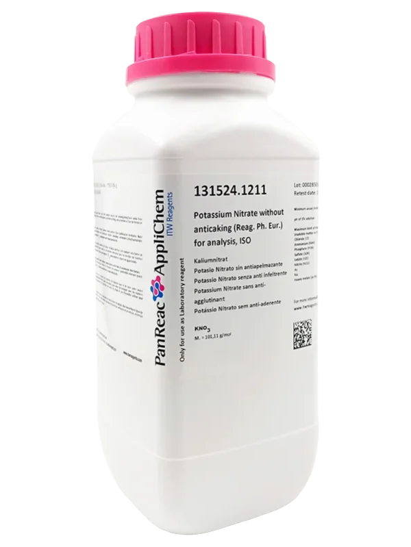 Potasio Nitrato sin antiapelmazante (Reag. Ph. Eur.) para análisis, ISO.  CAS 7757-79-1 . Envase plástico de 1 Kg. CODIGO DE COMPRA: PANR131524.1211