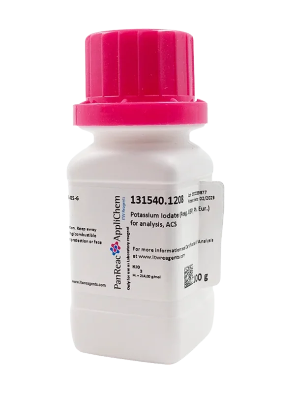 Potasio Yodato (Reag. USP, Ph. Eur.) para análisis, ACS. CAS 7758-05-6 . Envase plástico de 100 gr. CODIGO DE COMPRA: PANR131540.1208
