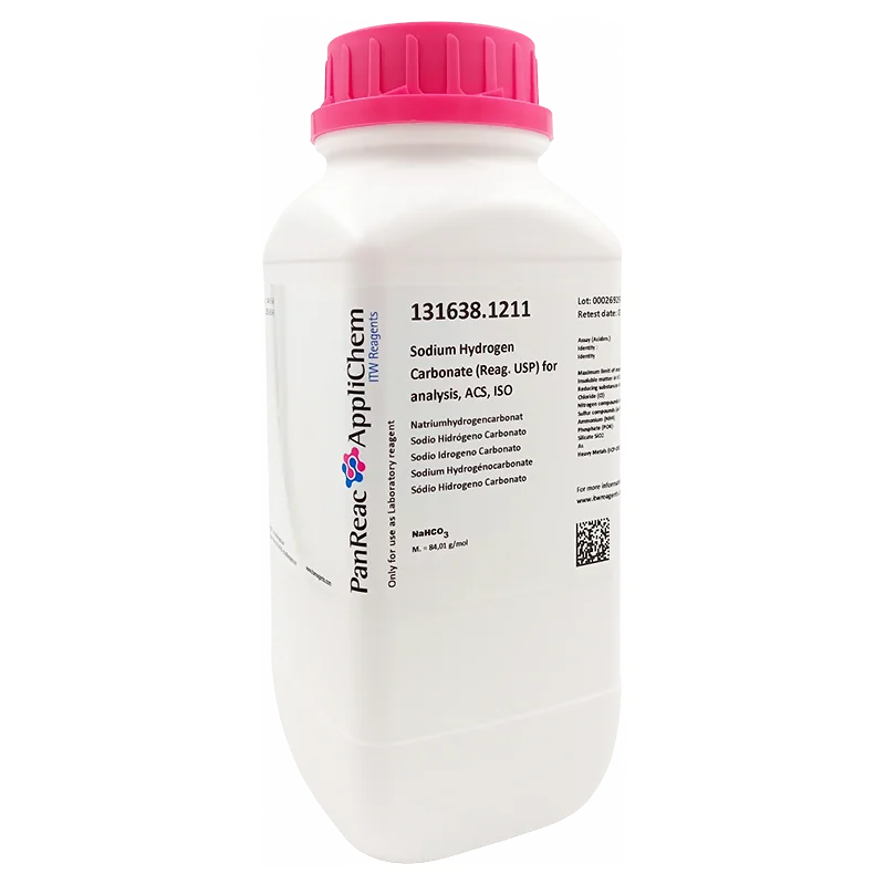 Sodio Hidrógeno Carbonato (Reag. USP) para análisis, ACS, ISO. Envase de plástico de 1Kg. CAS 144-55-8 . CODIGO DE COMPRA: PANR131638.1211