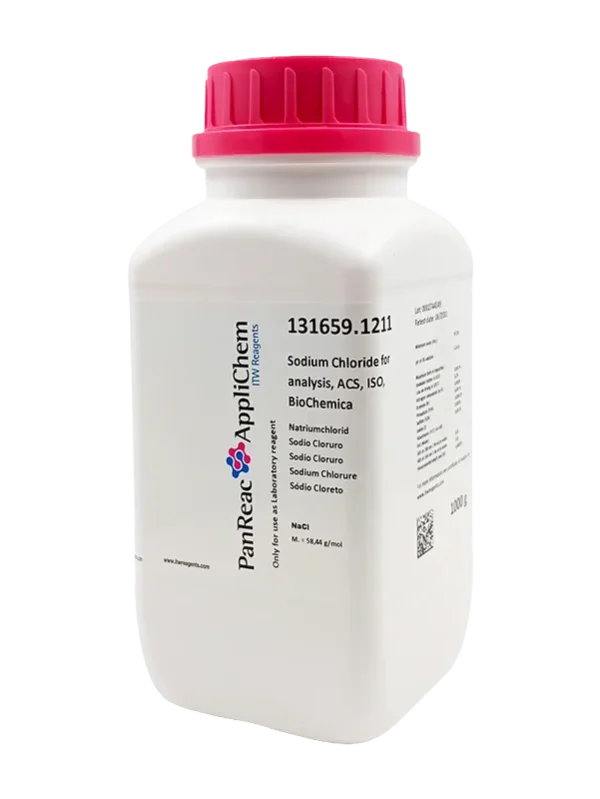Sodio Cloruro para análisis, ACS, ISO, BioChemica. CAS 7647-14-5 . Envase de un kilo. CODIGO DE COMPRA: PANR131659.1211