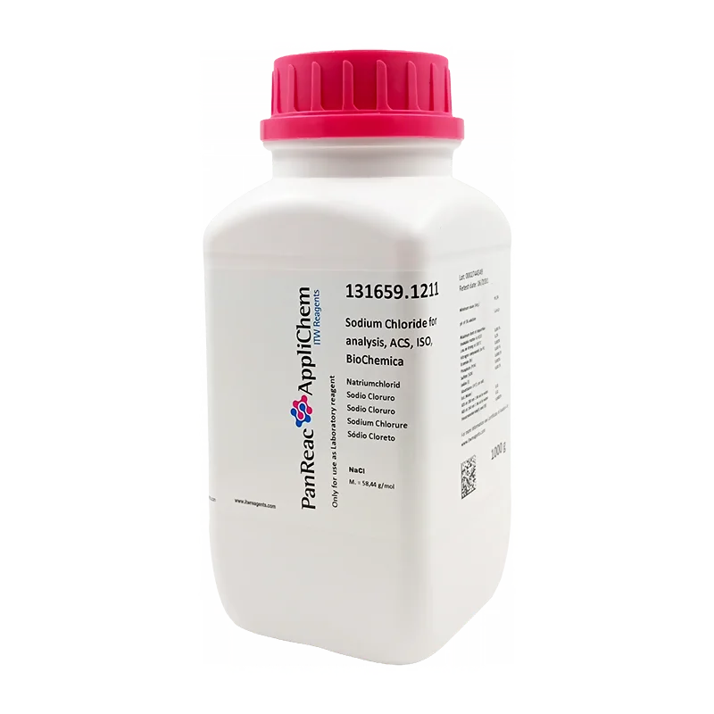 Sodio Cloruro para análisis, ACS, ISO, BioChemica. CAS 7647-14-5 . Envase de un kilo. CODIGO DE COMPRA: PANR131659.1211