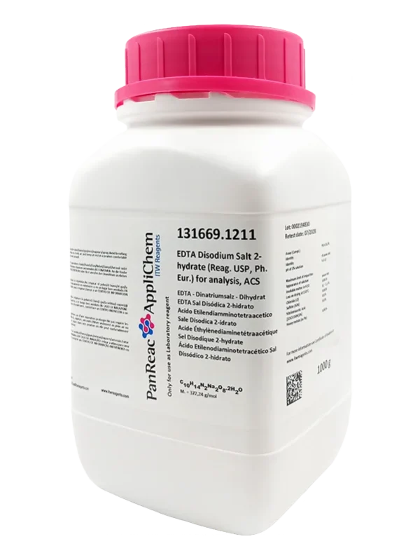 EDTA Sal Disódica 2-hidrato (Reag. Ph. Eur., USP) para análisis, ACS, biología molecular. CAS 6381-92-6 . Envase de un Kg. CODIGO DE COMPRA : PANR131669.1211