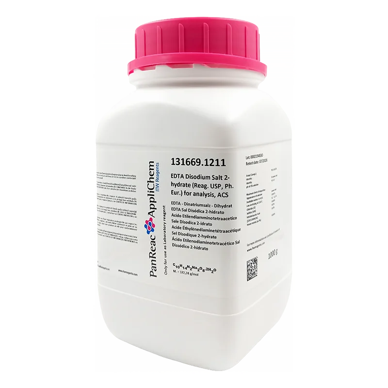 EDTA Sal Disódica 2-hidrato (Reag. Ph. Eur., USP) para análisis, ACS, biología molecular. CAS 6381-92-6 . Envase de un Kg. CODIGO DE COMPRA : PANR131669.1211