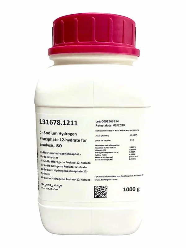 di-Sodio Hidrógeno Fosfato 12-hidrato para análisis, ISO . Envase de plástico de 1 Kg. CAS 10039-32-4 . CODIGO DE COMPRA: PANR141678.1211
