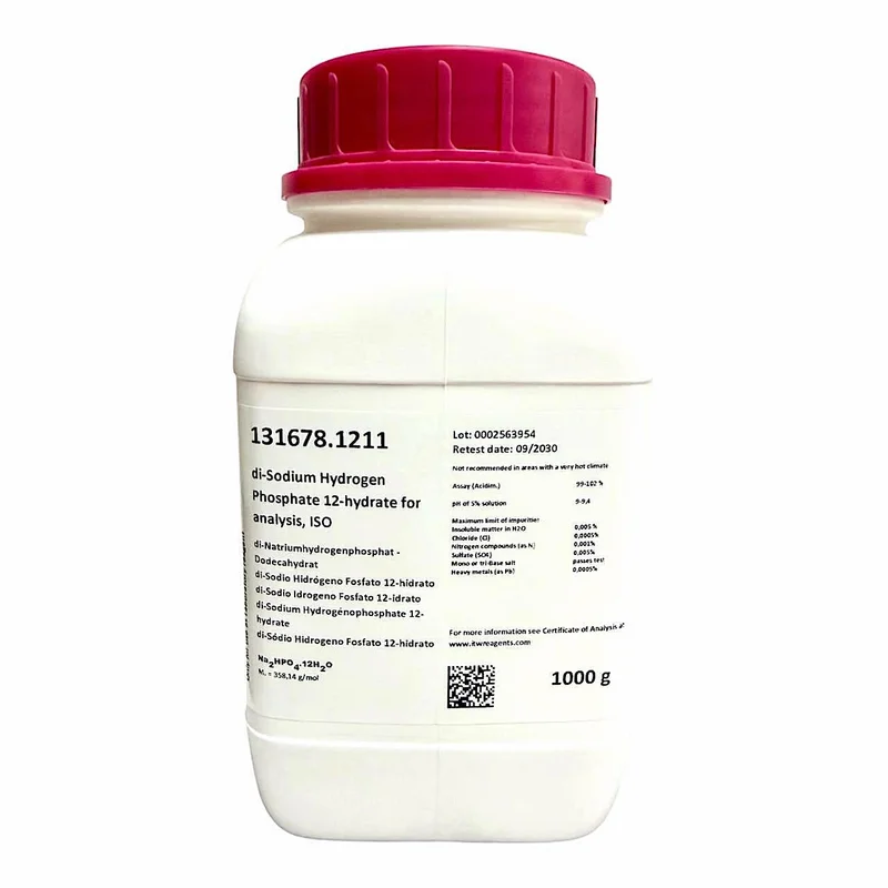 di-Sodio Hidrógeno Fosfato 12-hidrato para análisis, ISO . Envase de plástico de 1 Kg. CAS 10039-32-4 . CODIGO DE COMPRA: PANR141678.1211