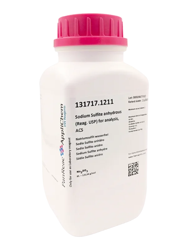 Sodio Sulfito anhidro (Reag. USP) para análisis, ACS. CAS 7757-83-7 . Envase plástico de 1 Kg. CODIGO DE COMPRA: PANR131717.1211