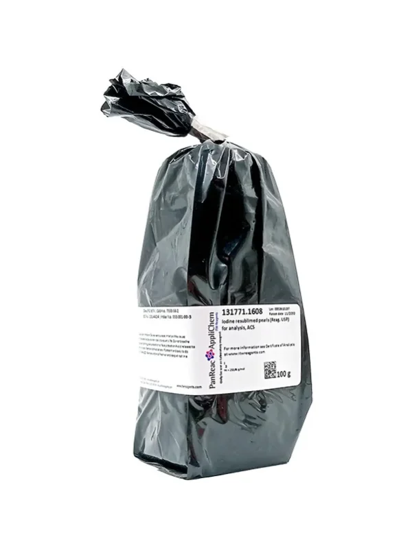 Yodo resublimado perlas (Reag. USP) PA, ACS. CAS 7553-56-2. Frasco de vidrio ámbar de 100 g. CODIGO DE COMPRA: PANR131771.1608