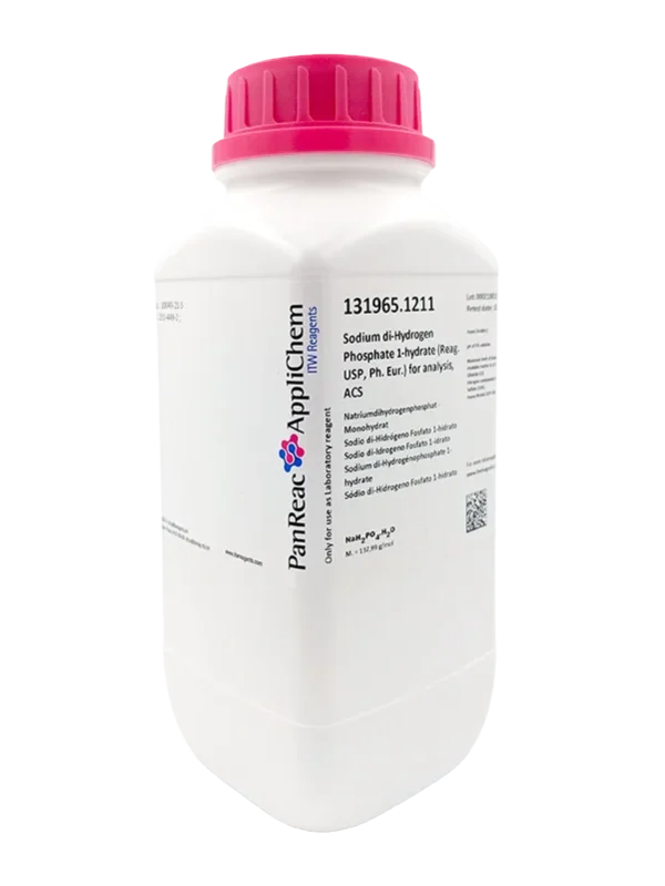 Sodio di-Hidrógeno Fosfato 1-hidrato (Reag. USP, Ph. Eur.) para análisis, ACS. CAS 10049-21-5 . Envase plástico de 1 Kg. CODIGO DE COMPRA: PANR131965.1211