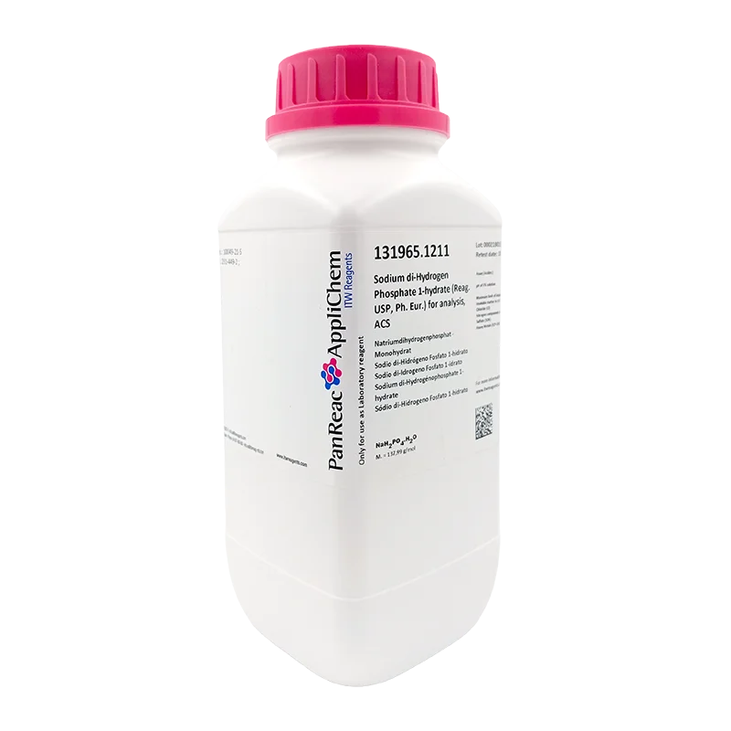 Sodio di-Hidrógeno Fosfato 1-hidrato (Reag. USP, Ph. Eur.) para análisis, ACS. CAS 10049-21-5 . Envase plástico de 1 Kg. CODIGO DE COMPRA: PANR131965.1211