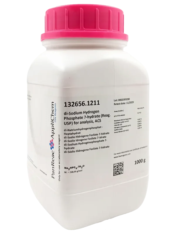 di-Sodio Hidrógeno Fosfato 7-hidrato (Reag. USP) para análisis, ACS. CAS 7782-85-6 . Envase de un Kg. CODIGO DE COMPRA: PANR132656.1211