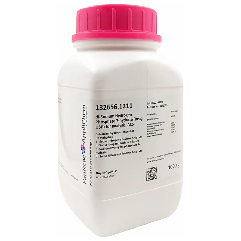 di-Sodio Hidrógeno Fosfato 7-hidrato (Reag. USP) para análisis, ACS. CAS 7782-85-6 . Envase de un Kg. CODIGO DE COMPRA: PANR132656.1211
