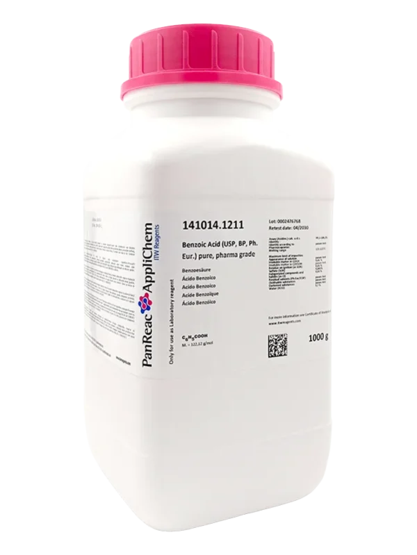 Ácido Benzoico (USP, BP, Ph. Eur.) puro, grado farma. Envase plástico de 1 Kg. CAS 65-85-0. CODIGO DE COMPRA: PANR141014.1211