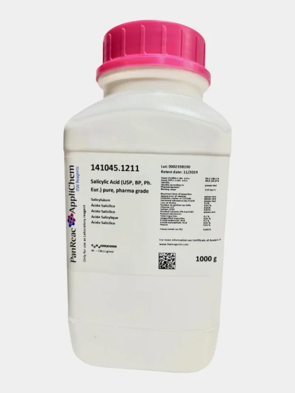 Ácido Salicílico (USP, BP, Ph. Eur.) puro, grado farma. CAS 69-72-7 . Envase plástico de 1 Kg. CODIGO DE COMPRA: PANR141045.1211
