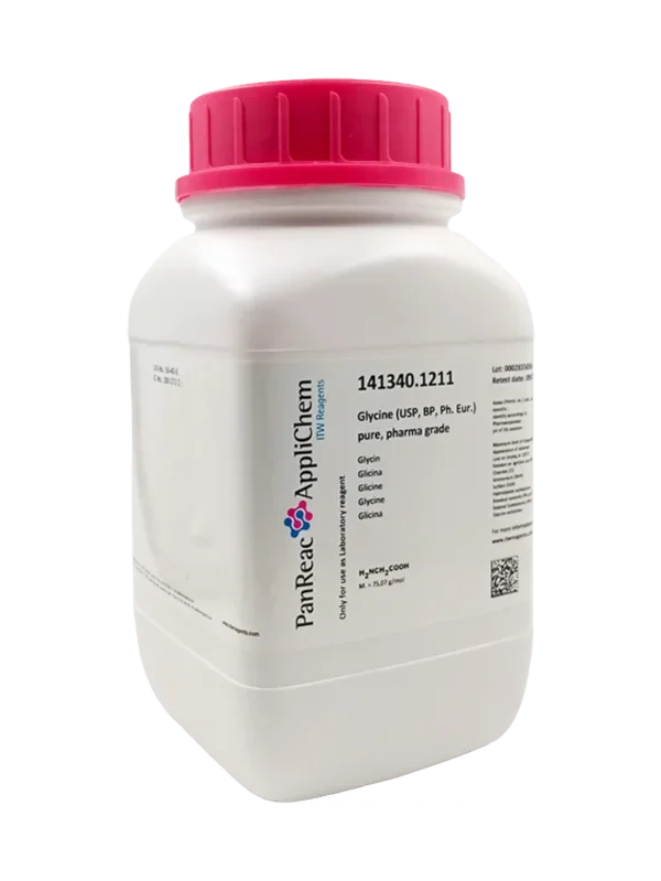 Glicina (USP, BP, Ph. Eur.) puro, grado farma. CAS 56-40-6 . Envase de 1 Kg. CODIGO DE COMPRA: PANR141340.1211