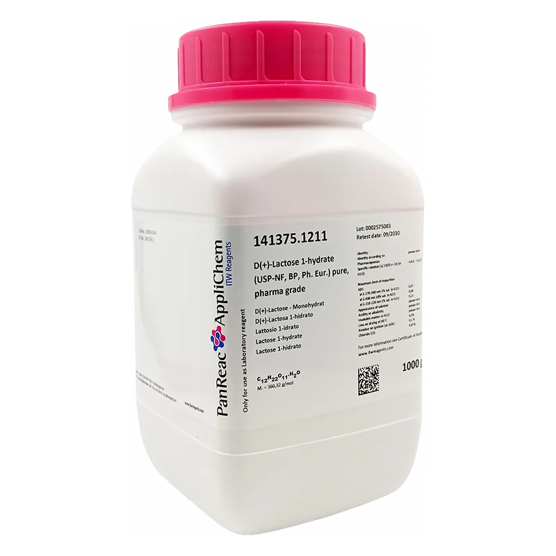 D(+)-Lactosa 1-hidrato (USP-NF, BP, Ph. Eur.) puro, grado farma. CAS 10039-26-6 . Envase de plástico de 1 Kg. CODIGO DE COMPRA: PANR141375.1211
