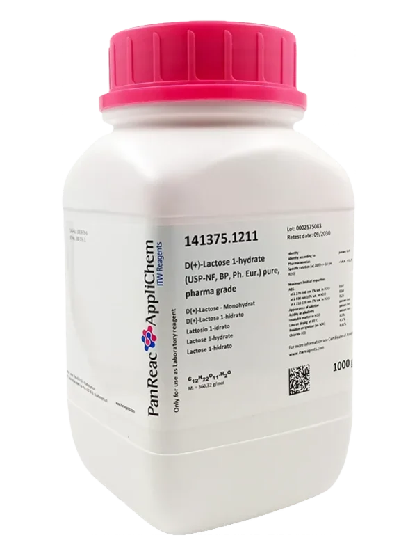 D(+)-Lactosa 1-hidrato (USP-NF, BP, Ph. Eur.) puro, grado farma. CAS 10039-26-6 . Envase de plástico de 1 Kg.  CODIGO DE COMPRA: PANR141375.1211